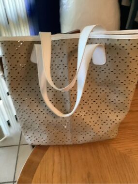 Saks Fifth Avenue Beige Tote with White Straps